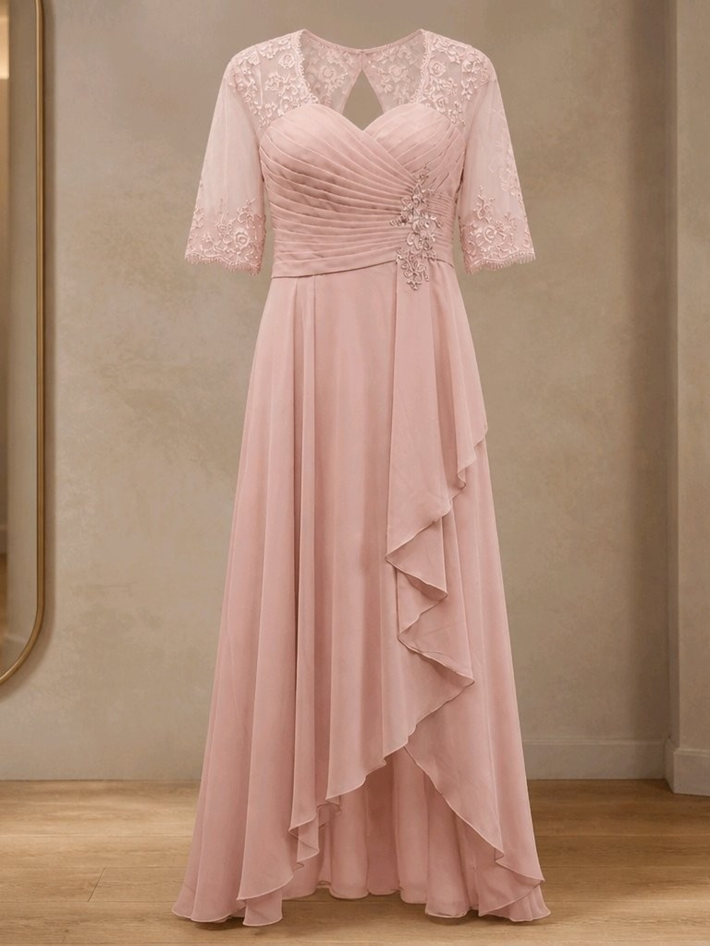 Elegant Lace-Shoulder Pink Evening Dress